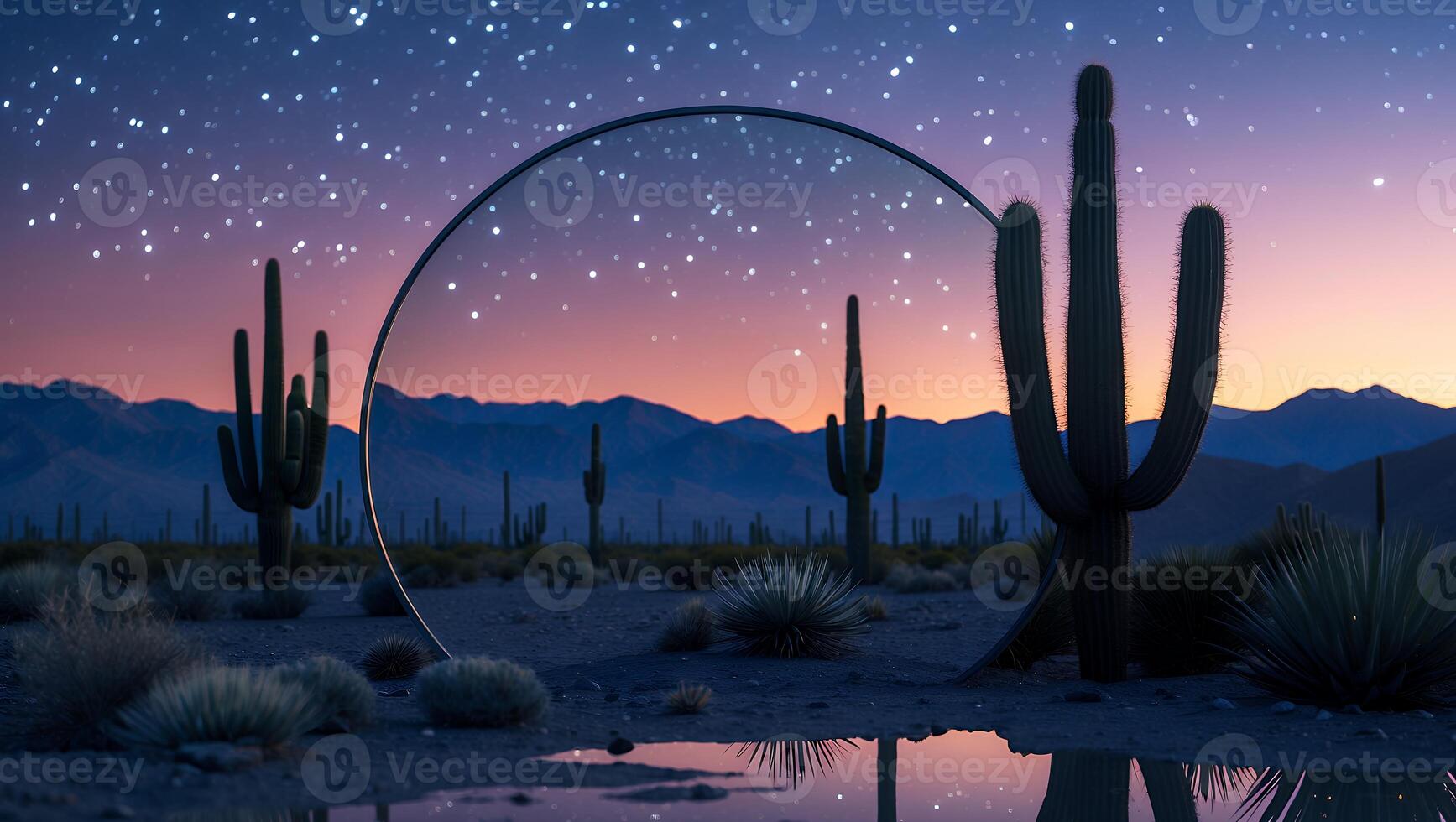 A mirror in the desert with cactus plants photo