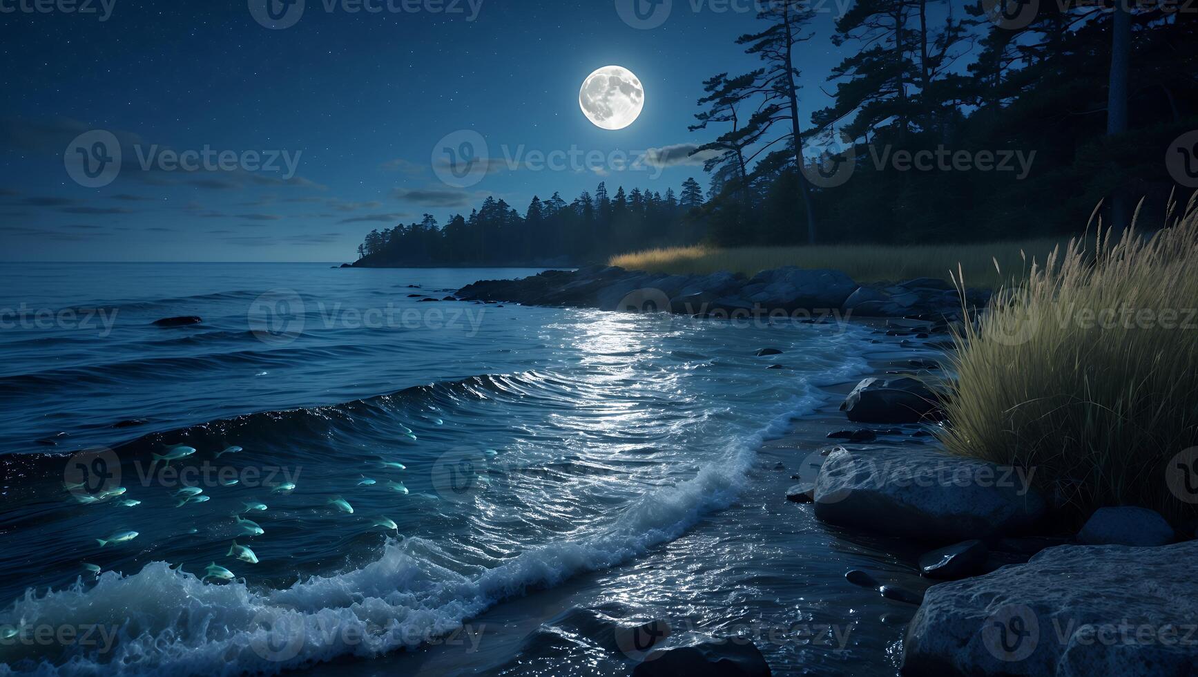 Night Ocean Scene with Moon, Waves, Trees and Rocks on the Coast photo