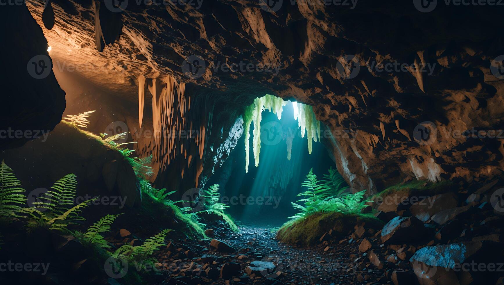 Cave Opening with Light Streaming in and Lush Fern Growth photo