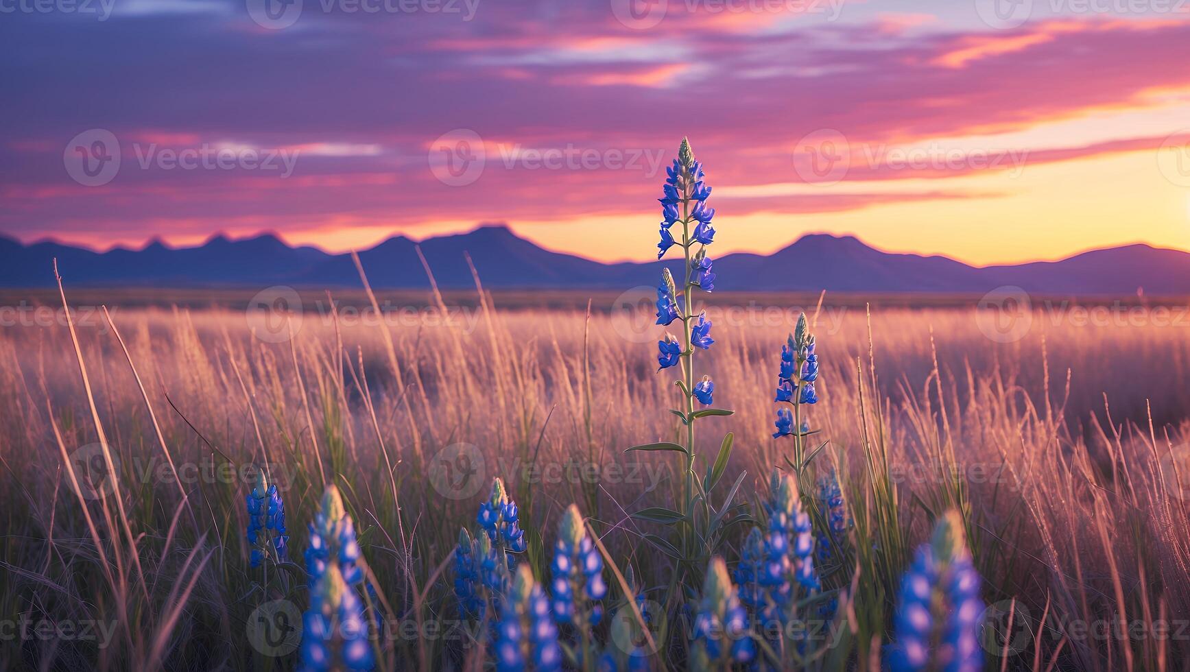 Blue Lupine Wildflower Field at Sunset Landscape photo