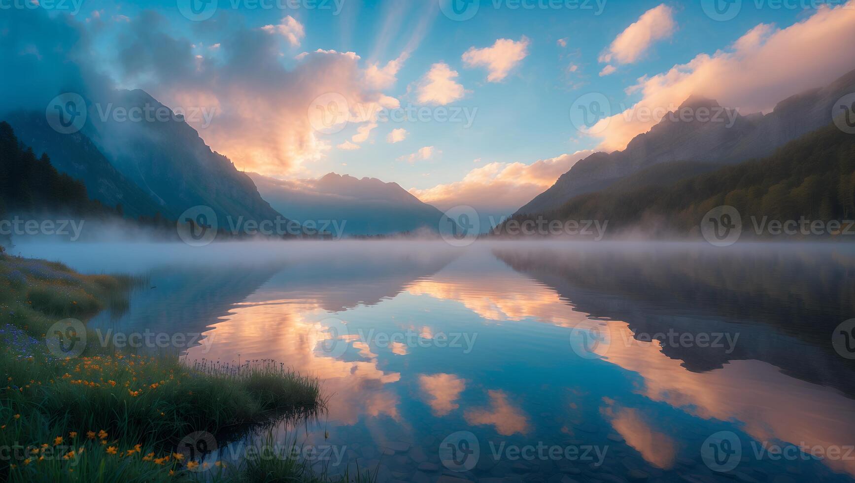 Scenic Mountain Lake Reflection at Sunrise photo
