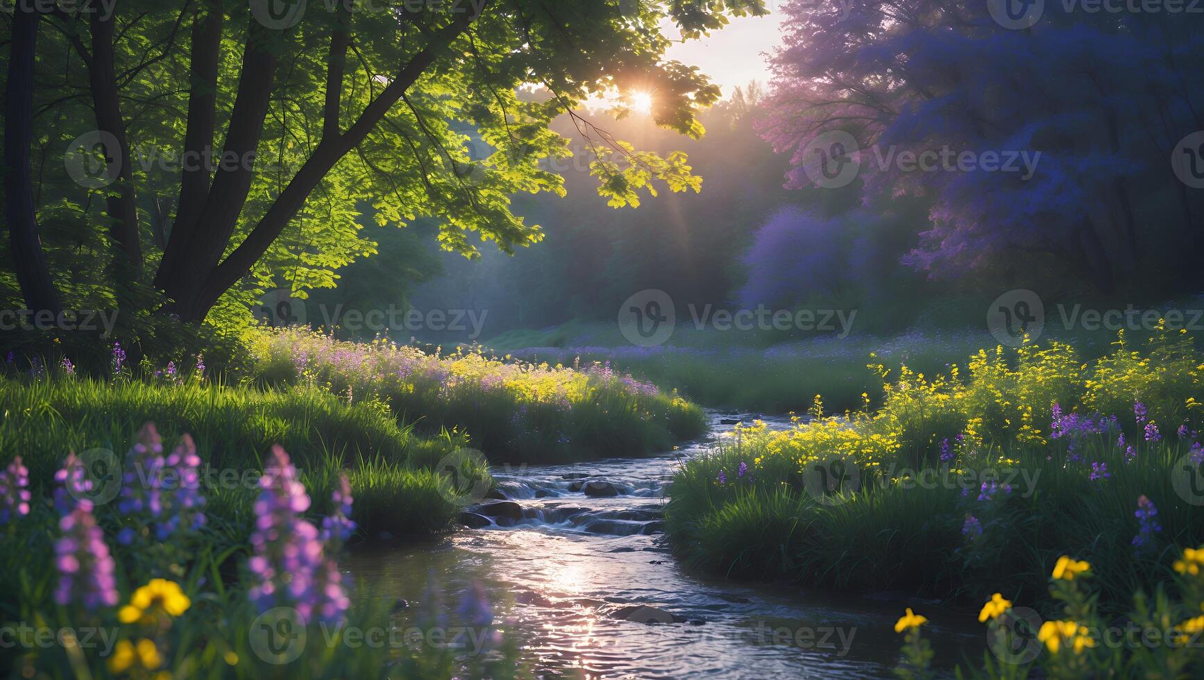 Stream Through Meadow with Trees and Flower photo