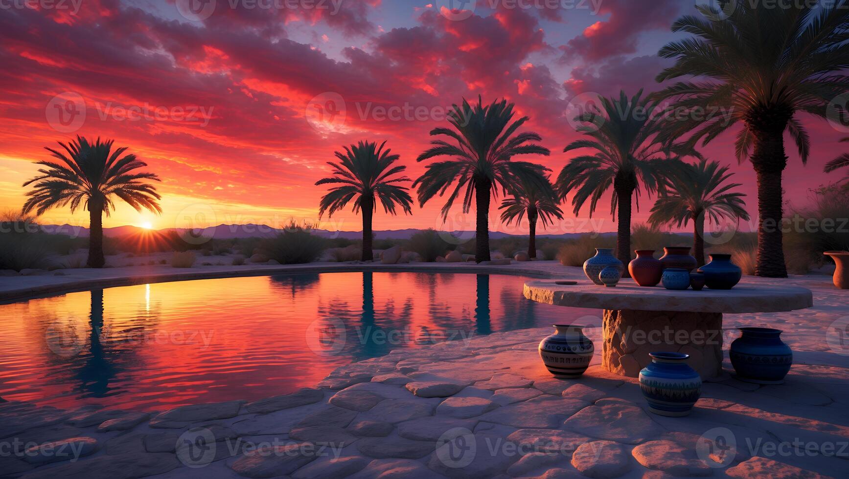 Palm Trees by Pool at Sunset photo