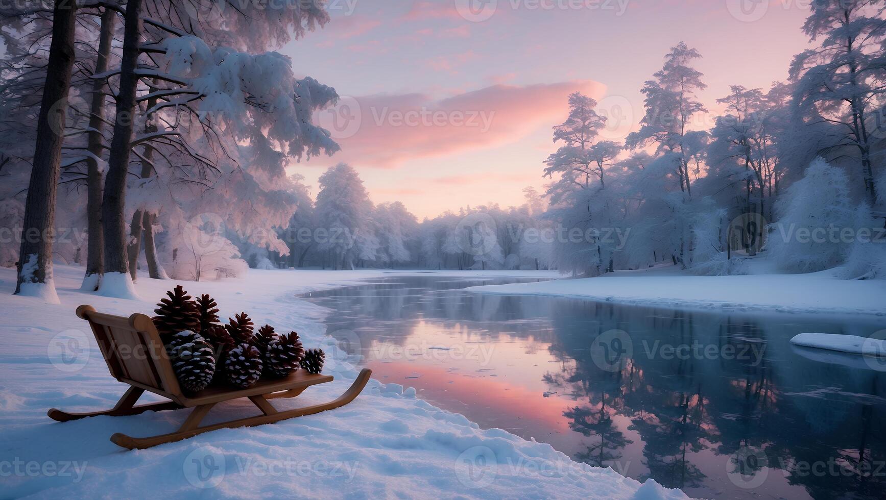 Sled with Pinecones on Winter Landscape with Snowy Trees and Frozen Lake photo