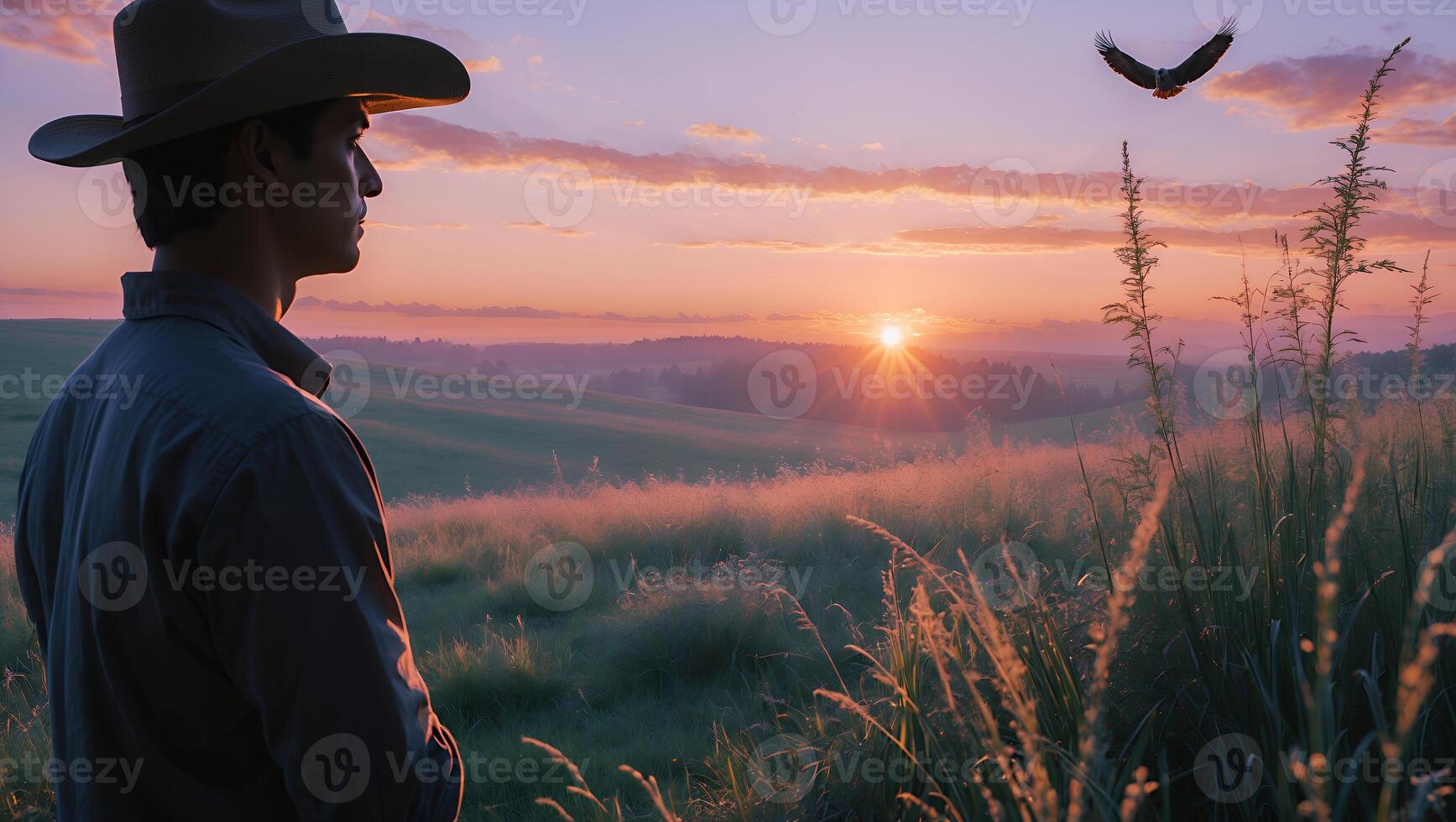Cowboy Sunrise with Eagle Over Field Landscape photo