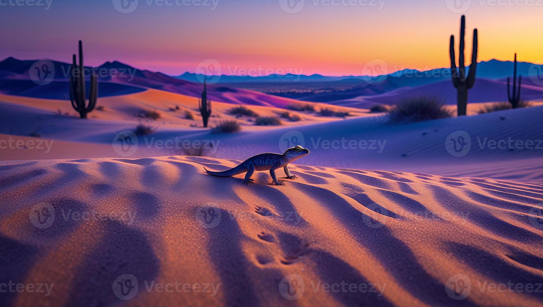 Lizard in Desert Landscape with Cacti at Sunset photo