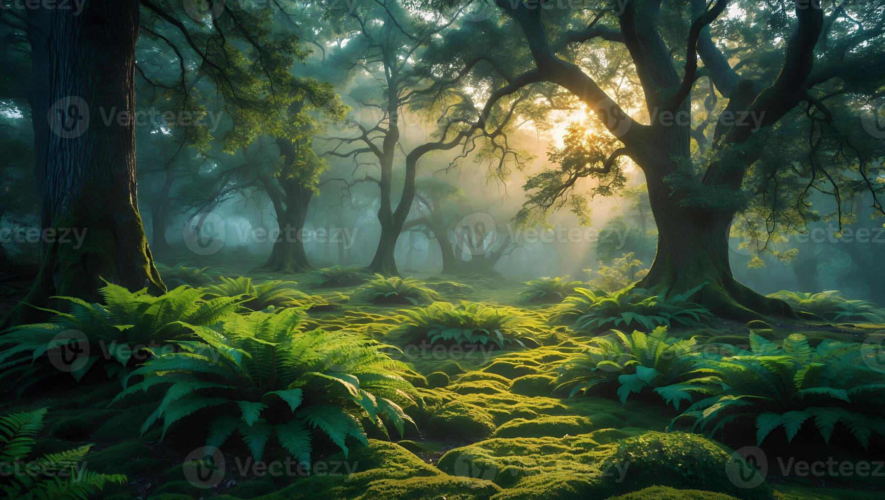 Forest with Moss and Ferns in Sunlight photo
