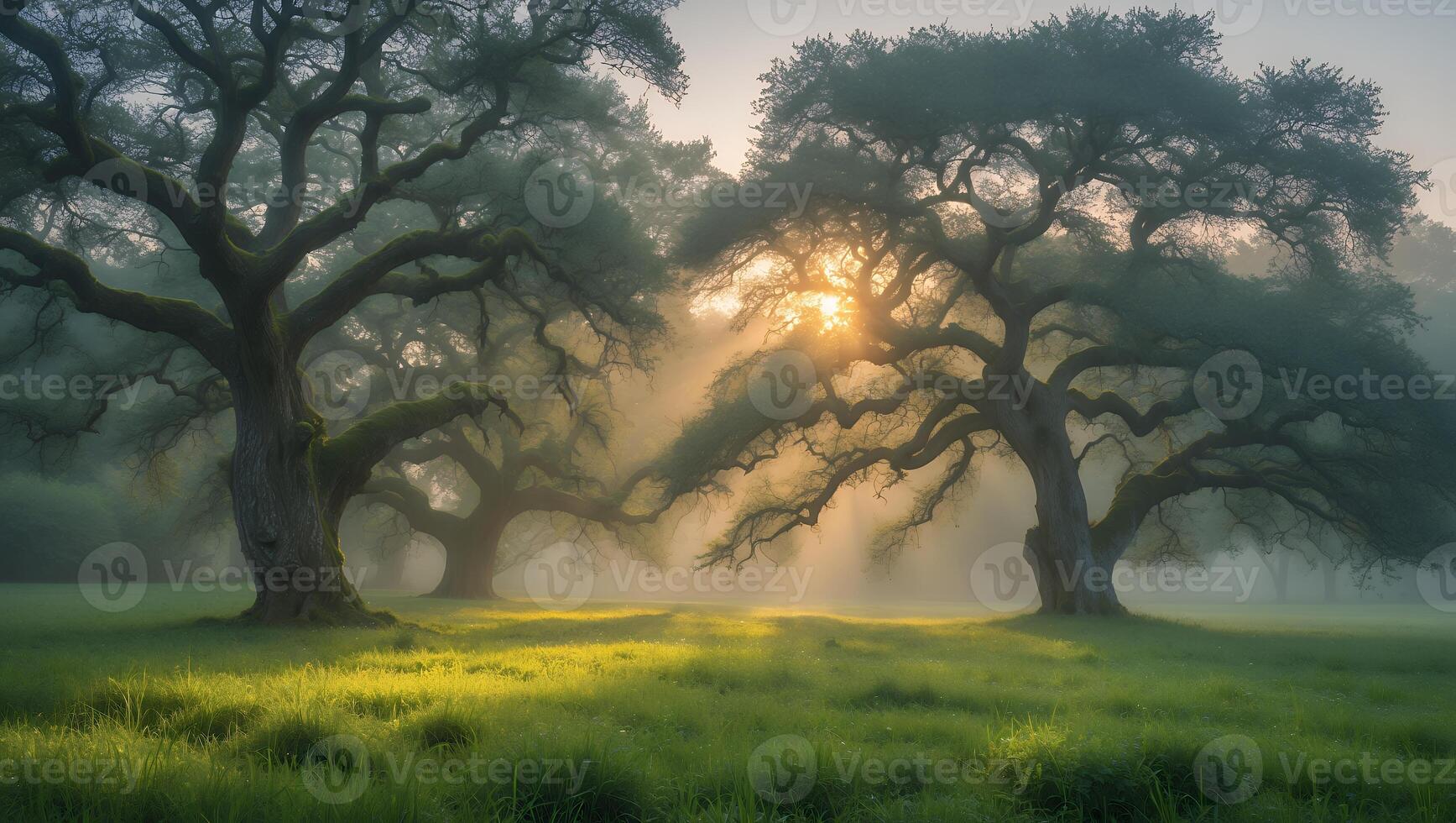 Foggy Meadow with Trees and Sunlight photo