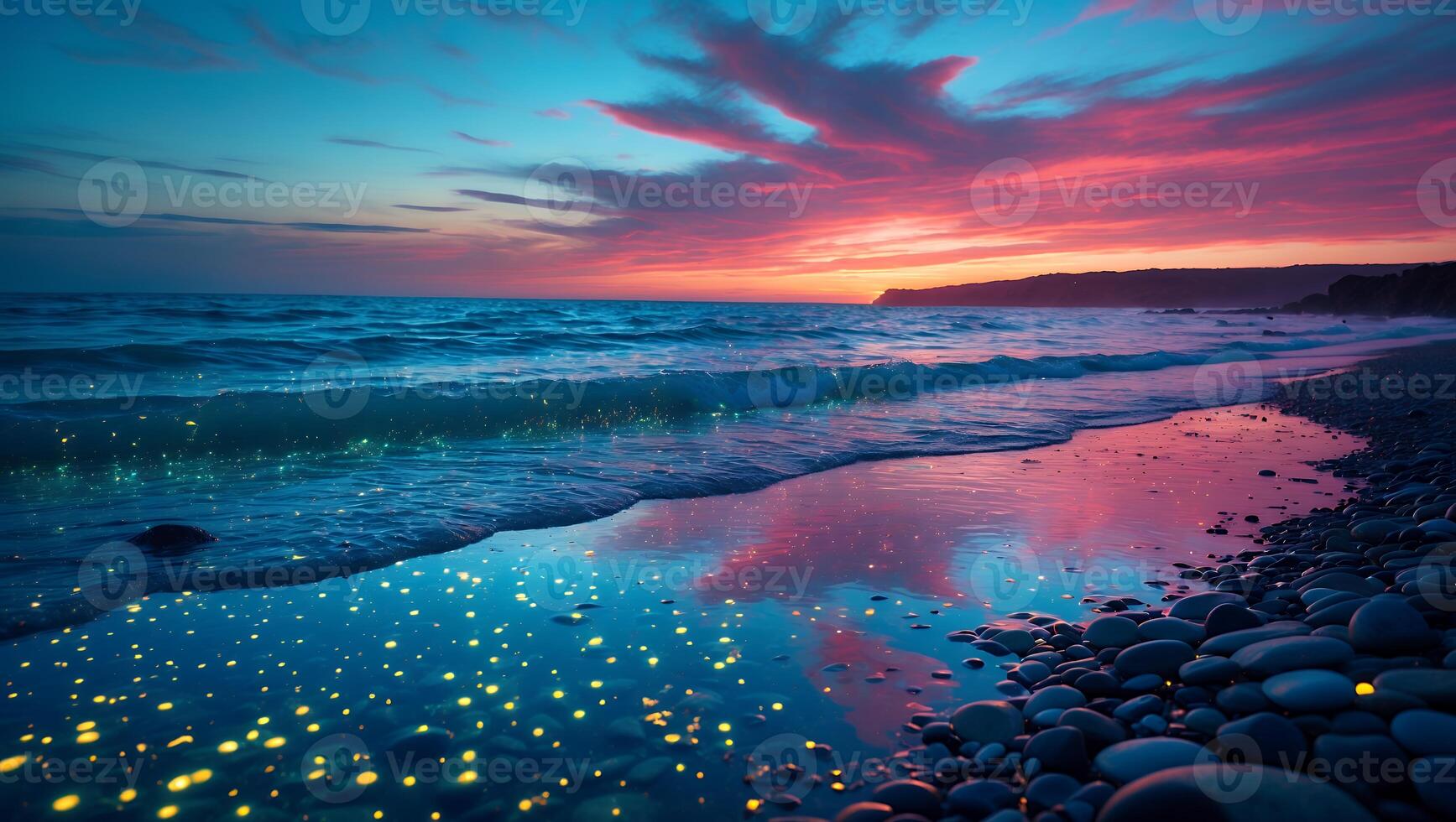 Sunset at a Beach with Water and Pebbles photo