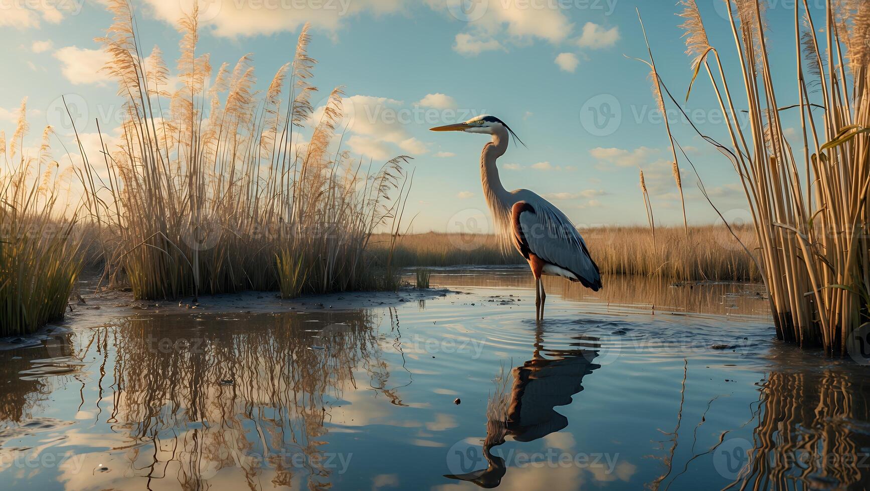 Great Blue Heron Standing in Shallow Water with Tall Grass Against Sky photo