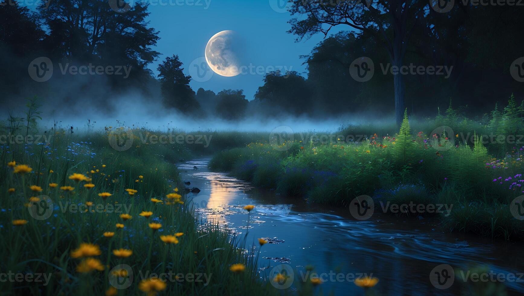 Moonlit Meadow with Stream and Mist photo