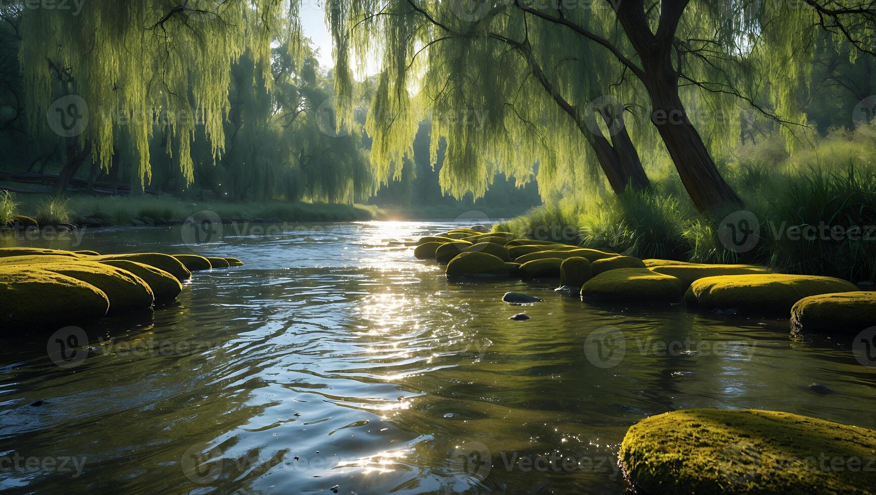 River Flows Under Weeping Willow in a Sunny Forest photo