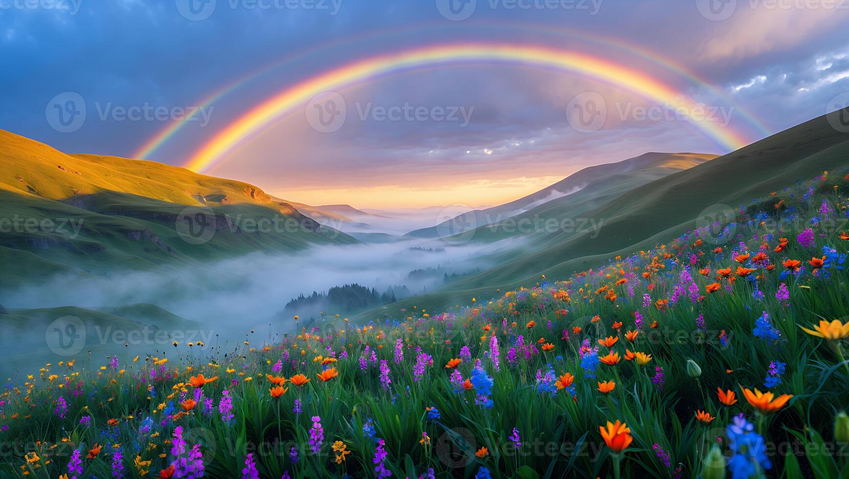 Rainbow Over Flower Field in Foggy Mountain Valley at Sunset photo