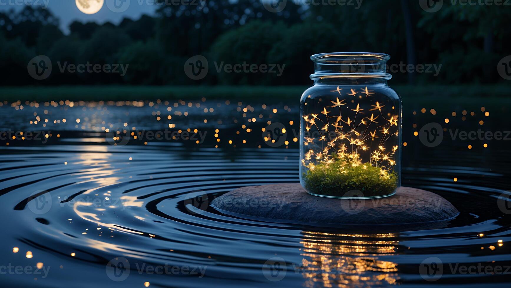 Fireflies in Jar on Lake Rock at Night photo