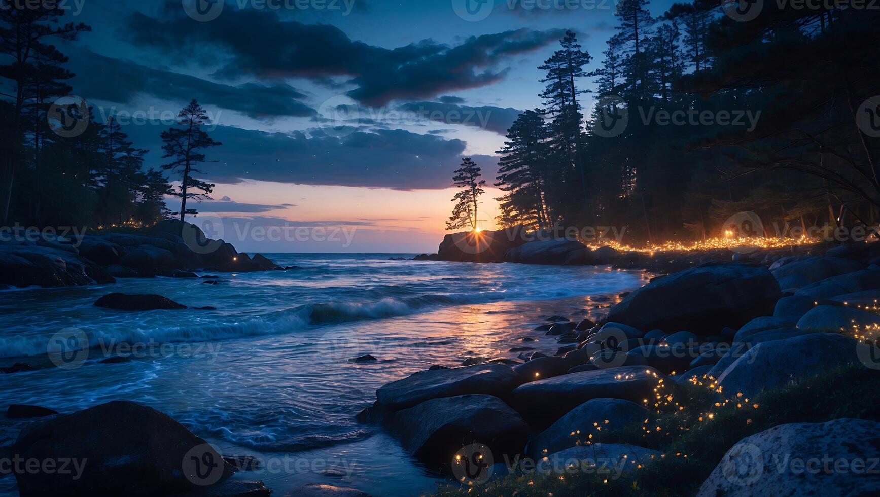 Rocky Beach at Sunset with Trees and Calm Waves photo