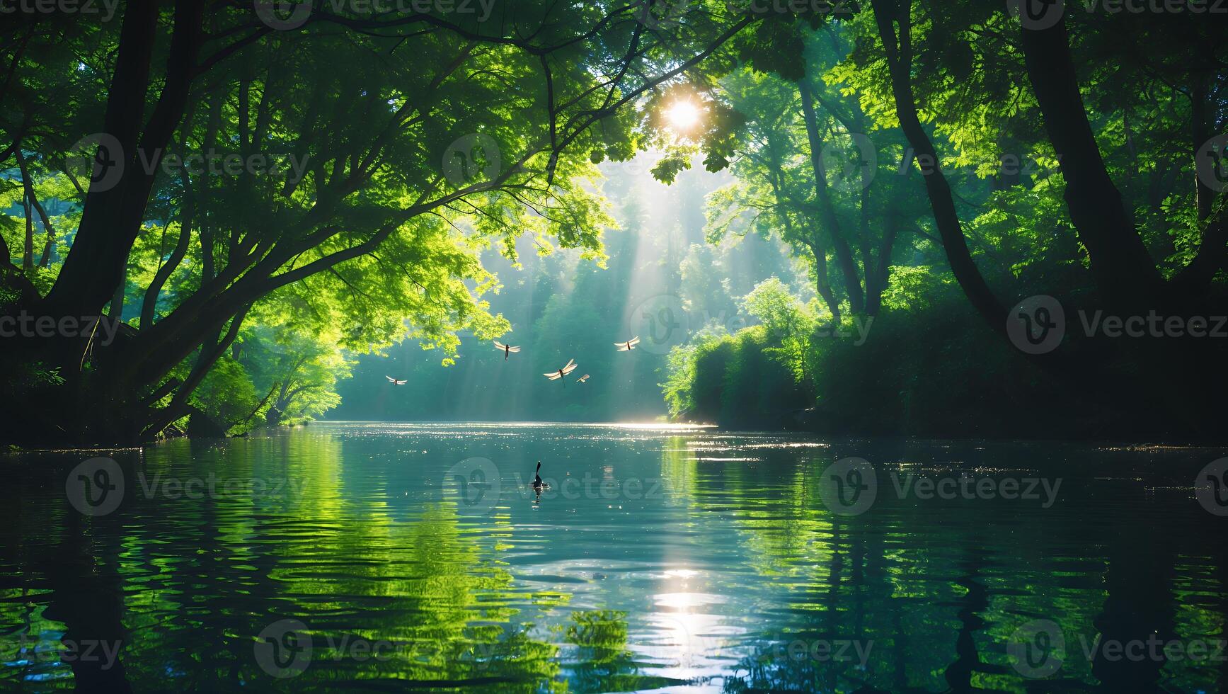 A river with trees and sun shining through photo