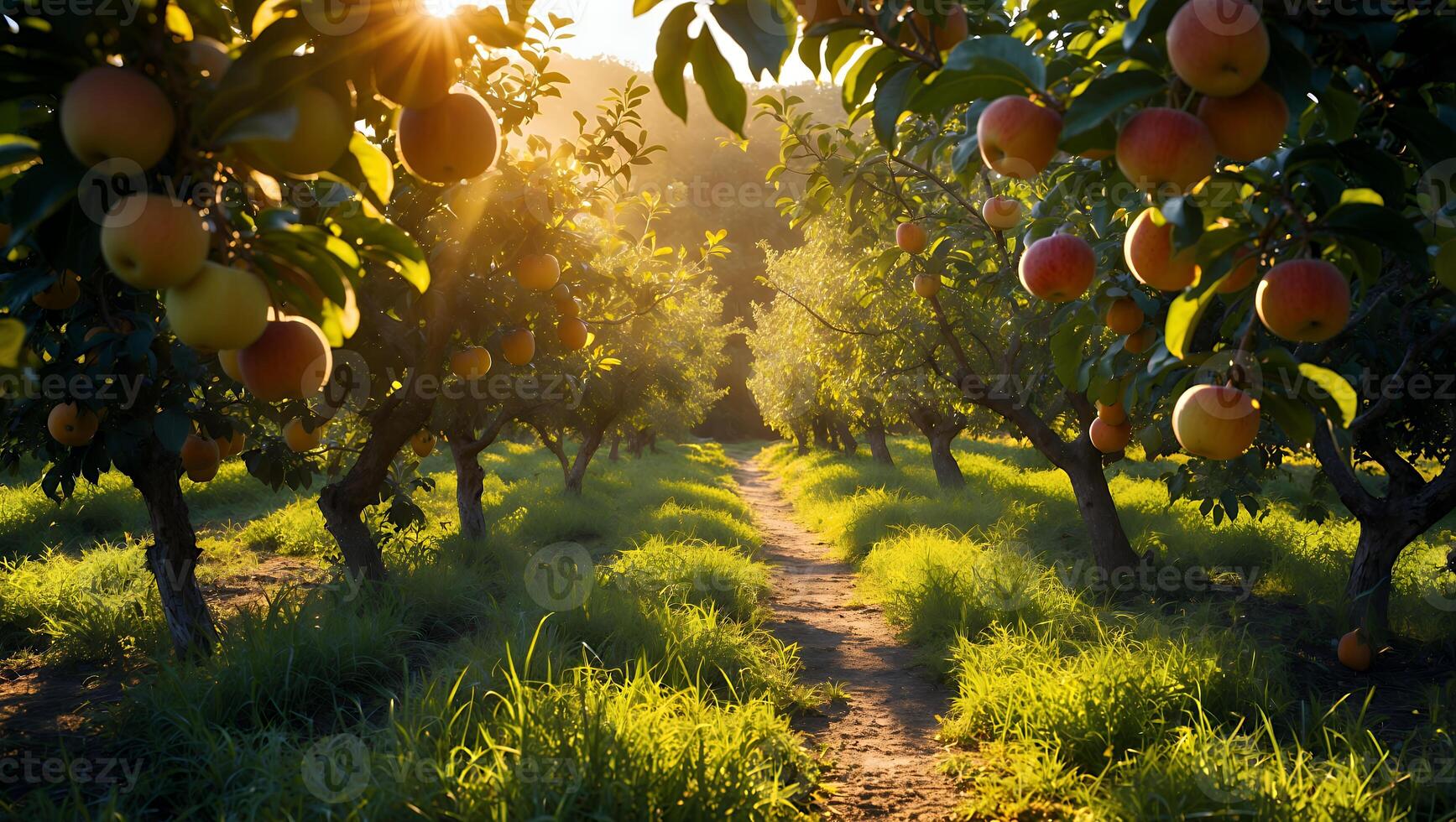 Apple Orchard Path in Golden Light with Ripe Fruit photo