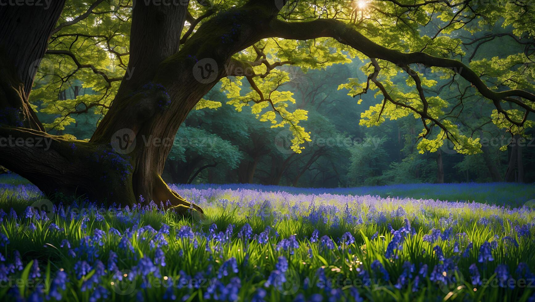 Bluebell Field Under Tree in Forest photo