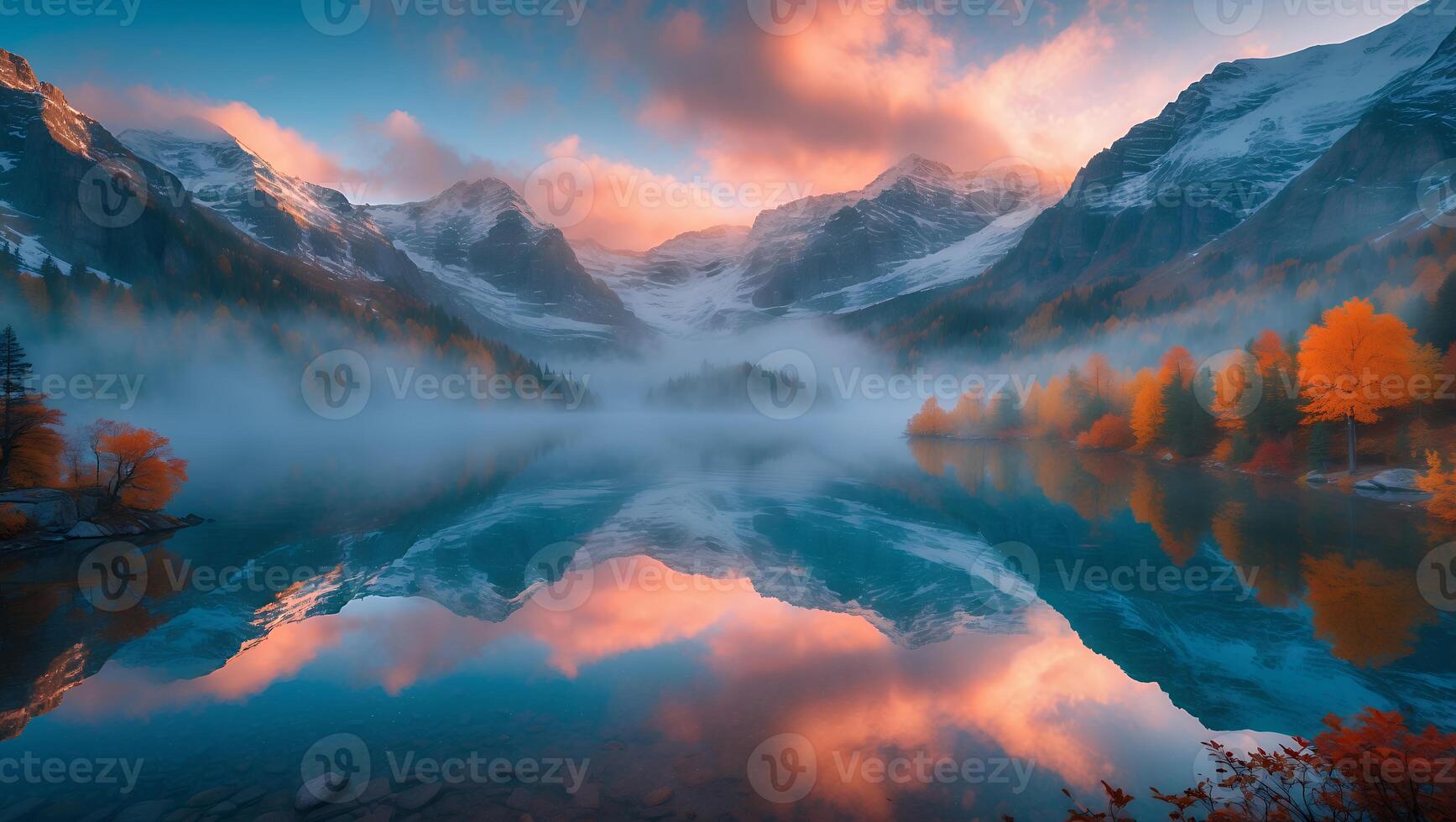 Scenic Mountain Lake Reflection at Sunset photo