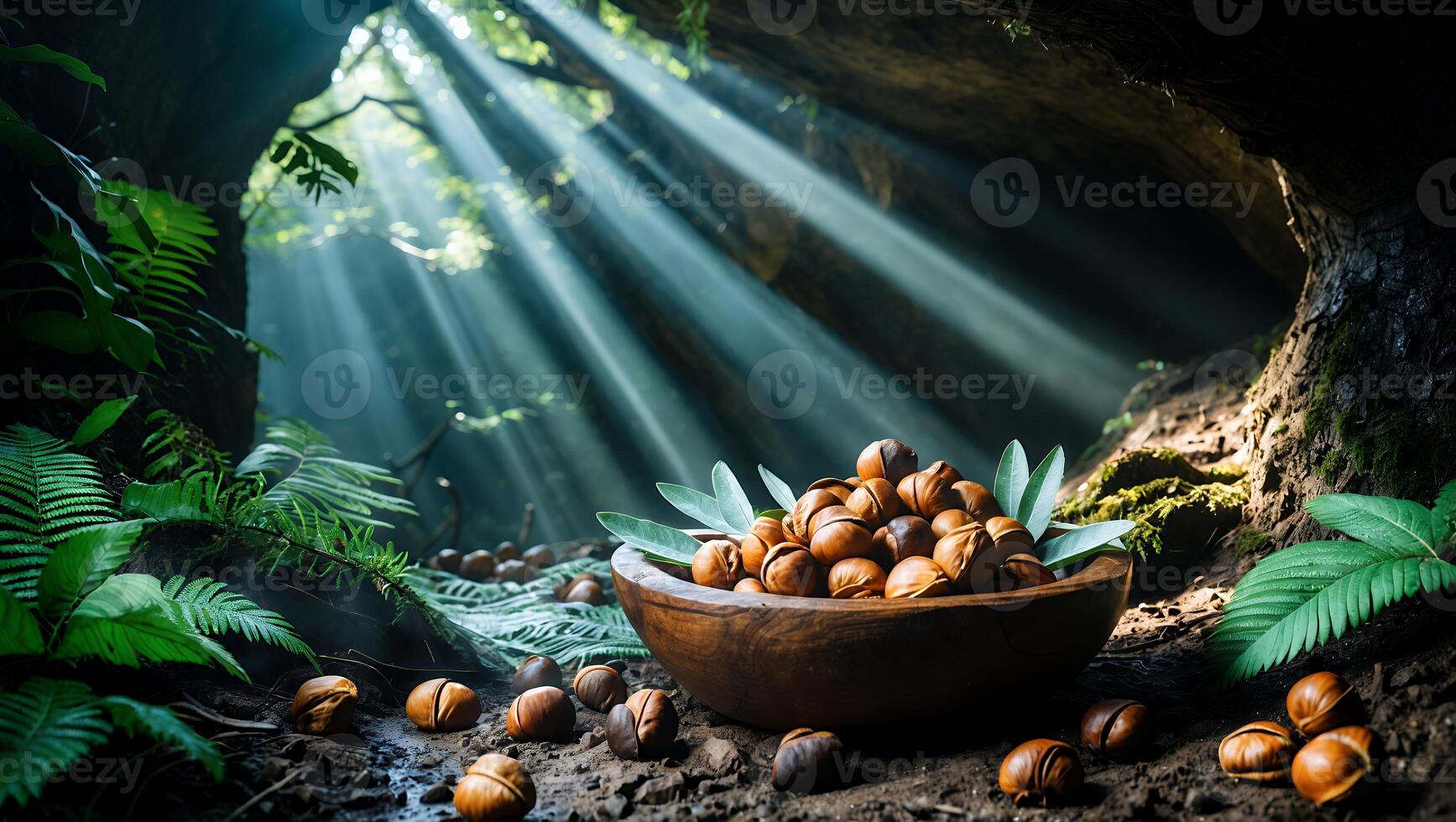 Macadamia Nuts in a Wooden Bowl with Forest Background photo