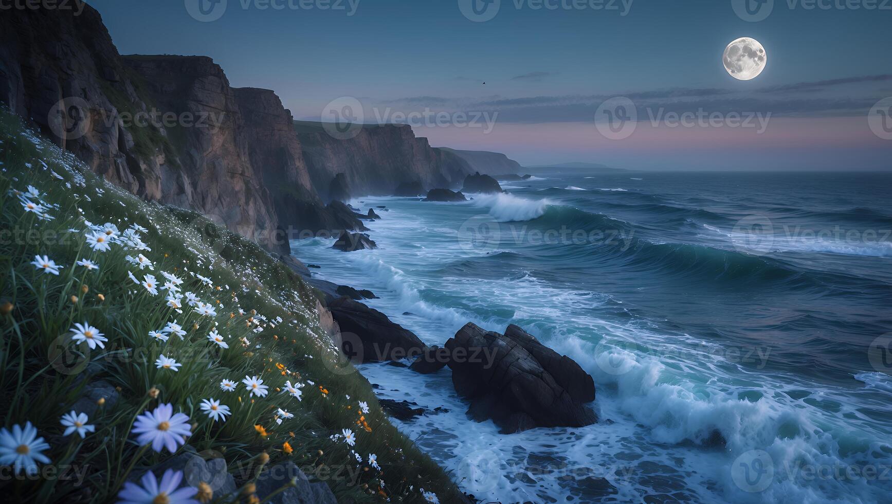 Coastal Moon View with Flowers and Waves photo