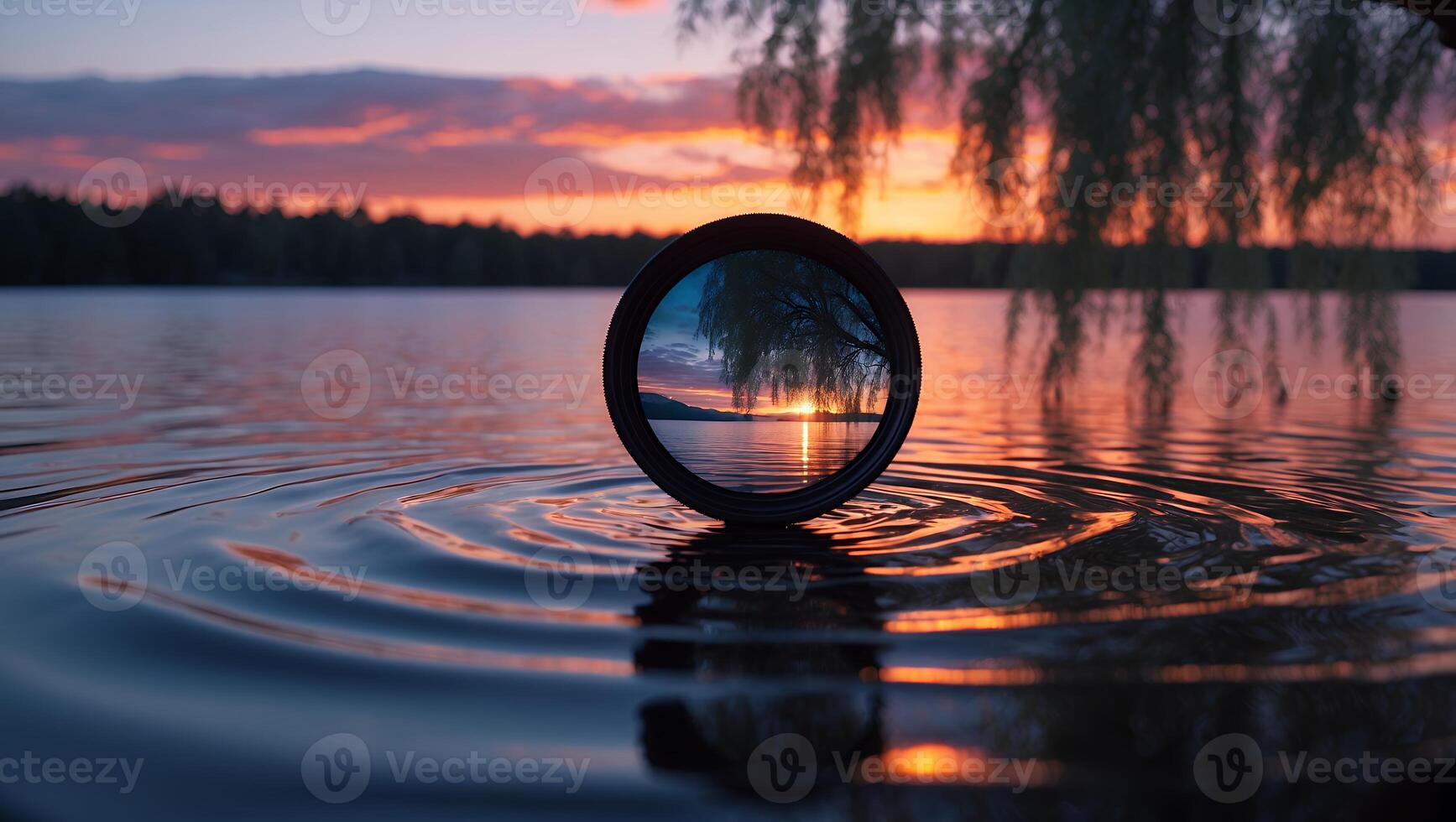 Sunset on Water with Circle and Ripples on the Lake photo