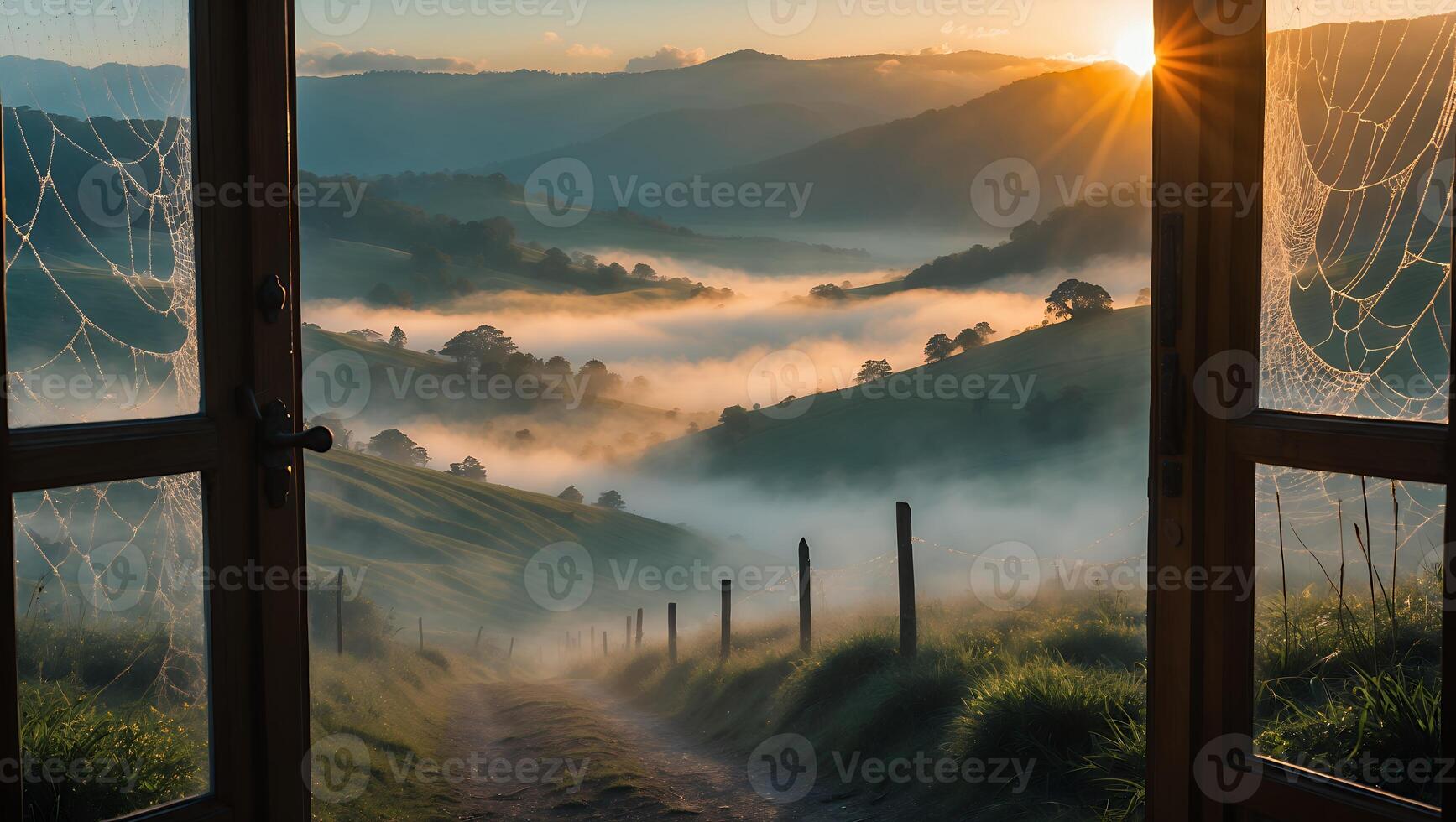 Foggy Valley View From Open Window at Sunrise photo