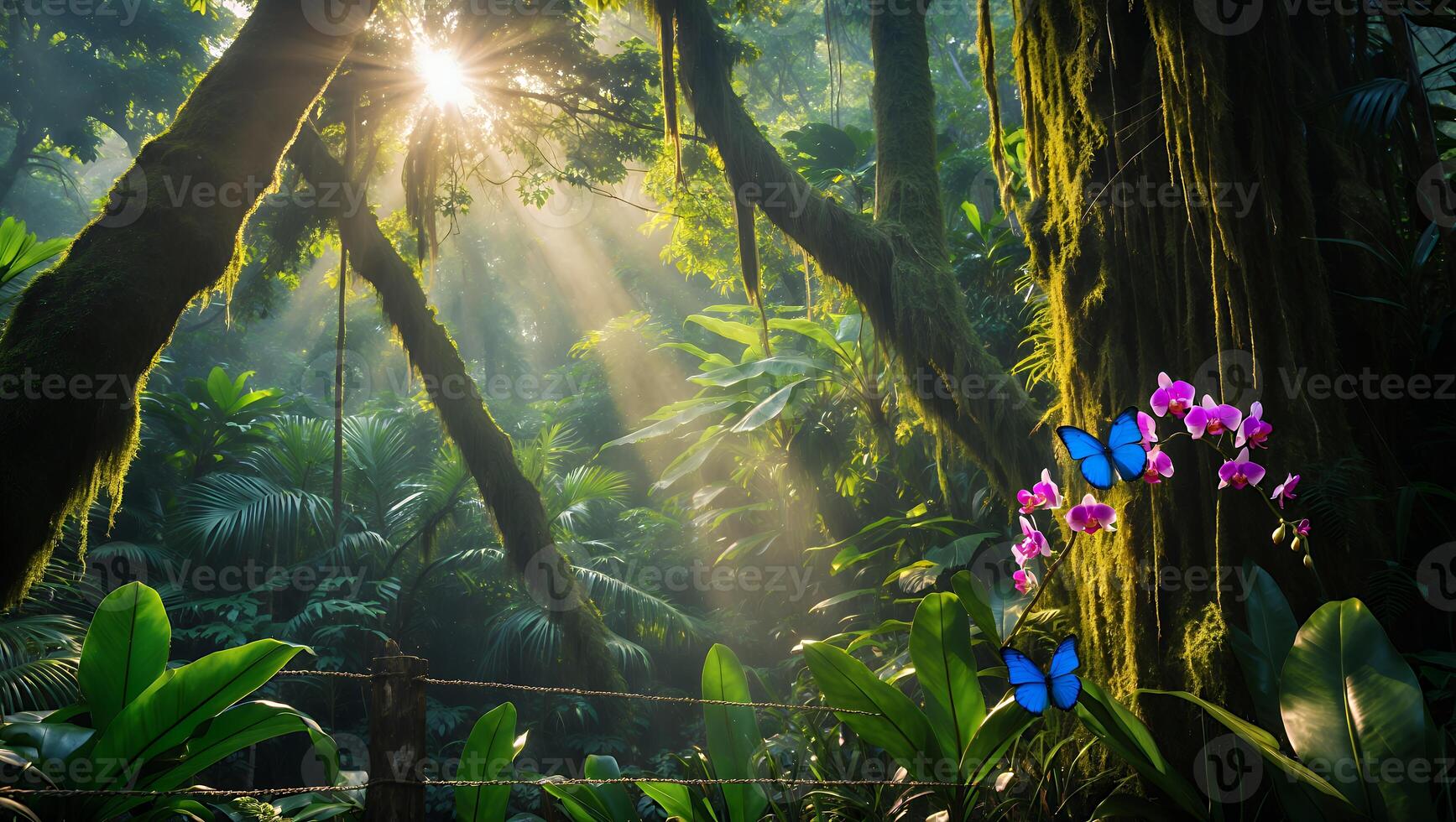 Lush Jungle Scene with Butterflies and Orchid Flowers photo