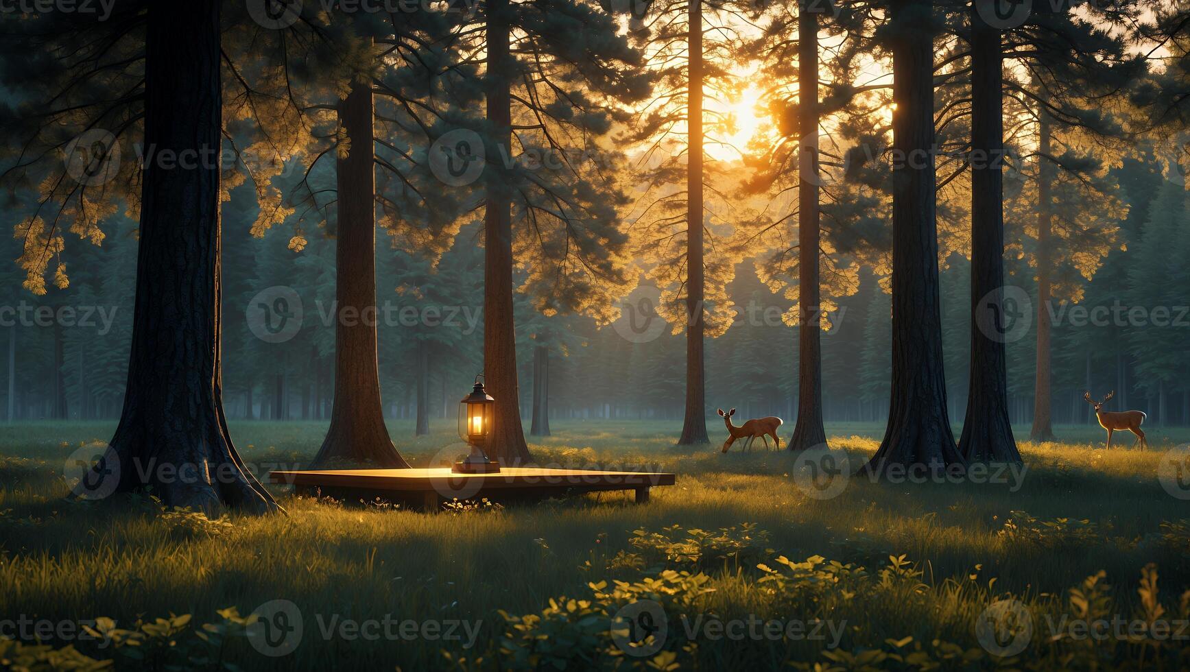 Forest with Deer and Lantern at Sunset photo