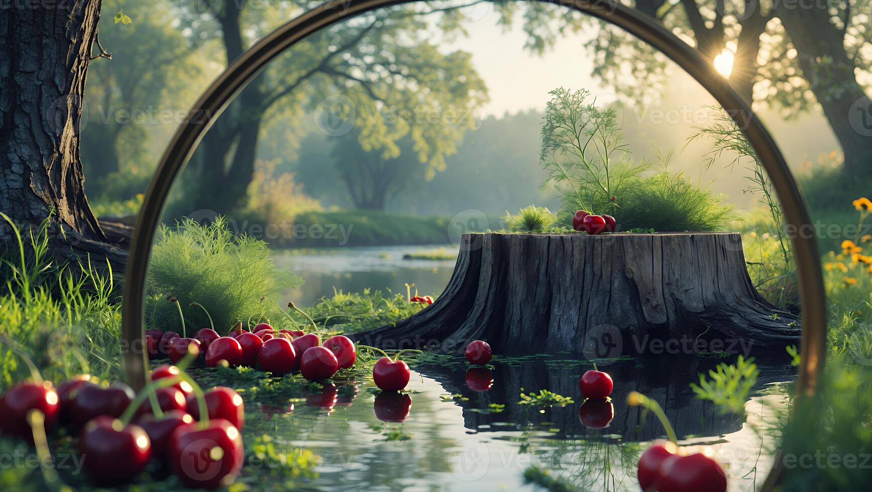 Cherries in Forest with Stump and Mirror photo