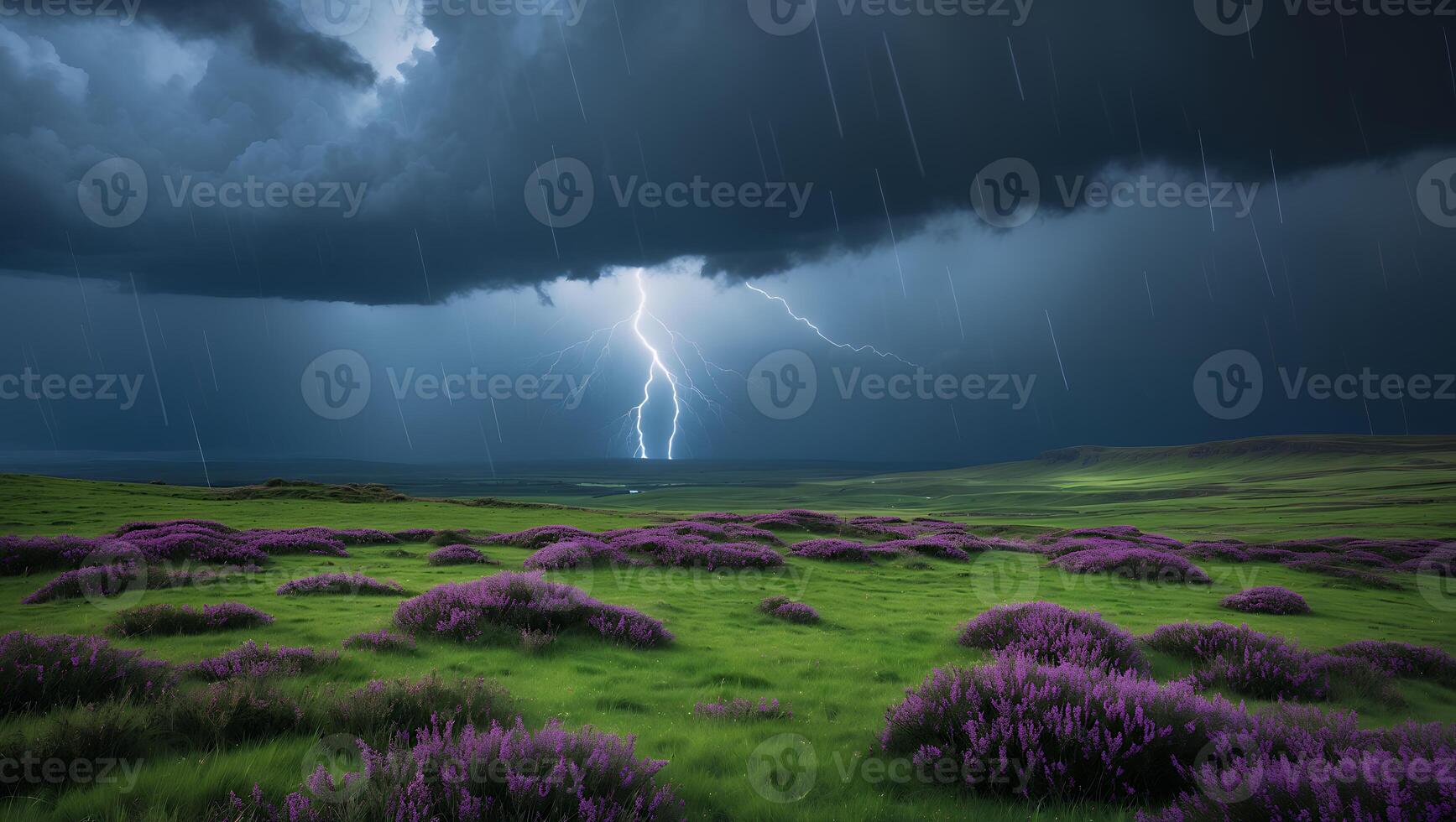 Lightning Storm Over Meadow with Purple Flower Patches photo