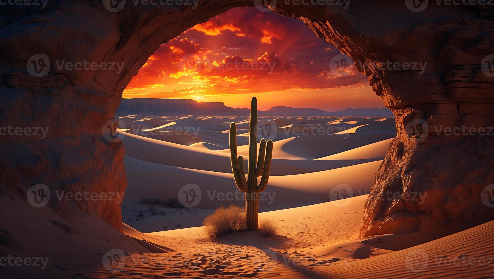 Desert landscape with cactus and sunset photo