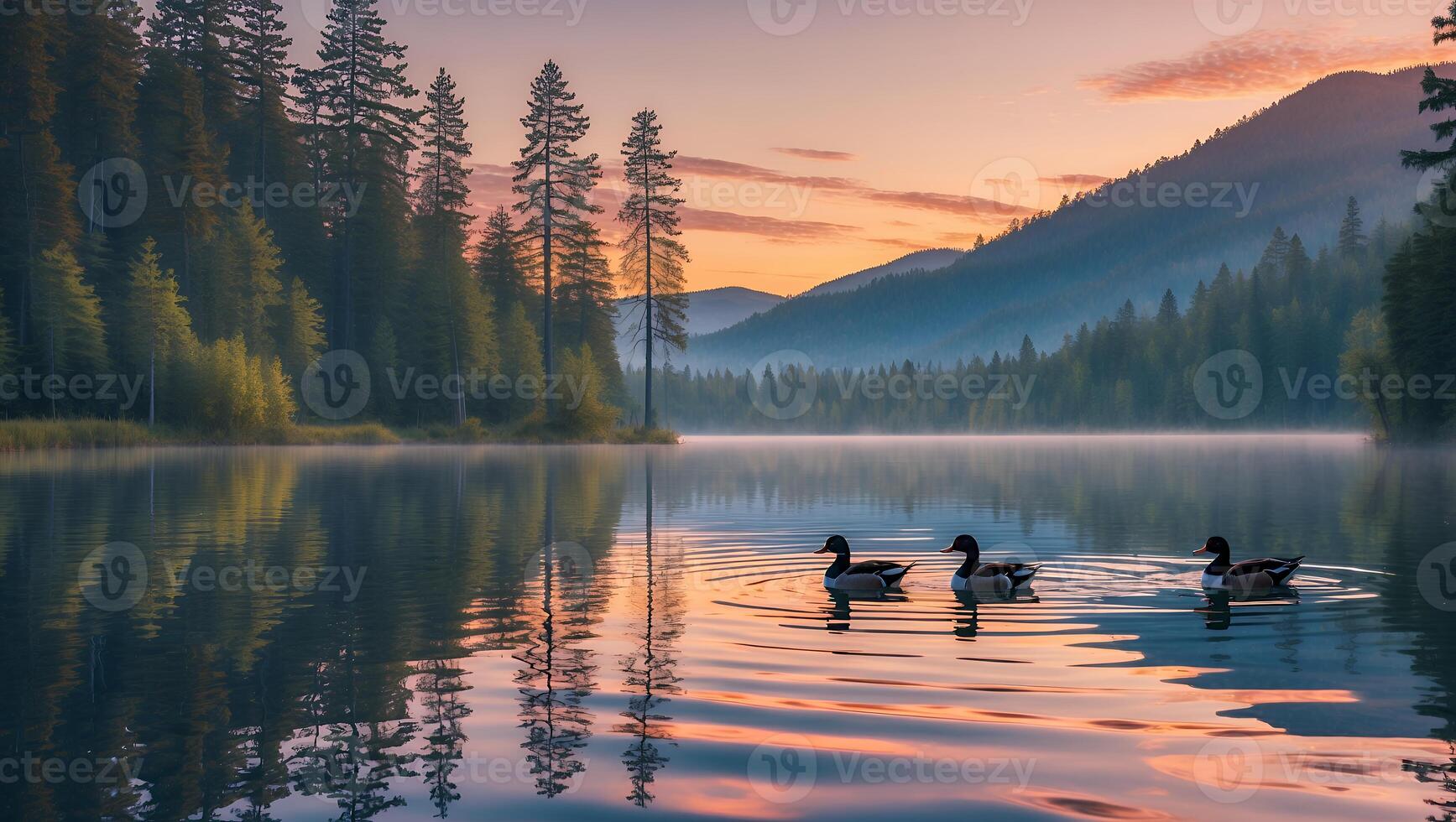 Ducks Swim on Lake at Sunrise with Mountain and Trees photo