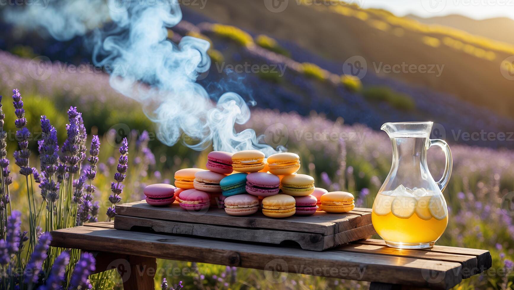 Macarons and Lemonade in Lavender Field Landscape photo