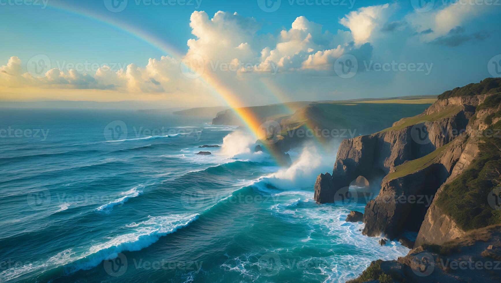 Ocean Waves Breaking Against Cliffs with Double Rainbow photo