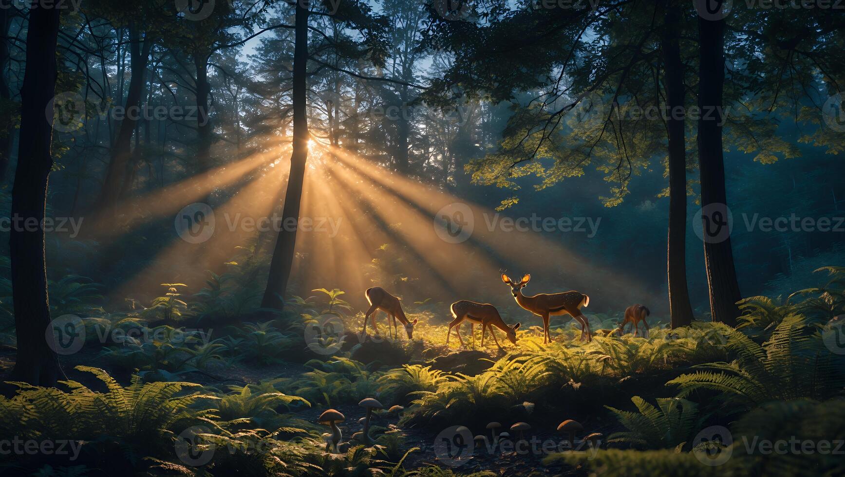 Deer in Forest with Sun Rays Shining Through the Trees photo
