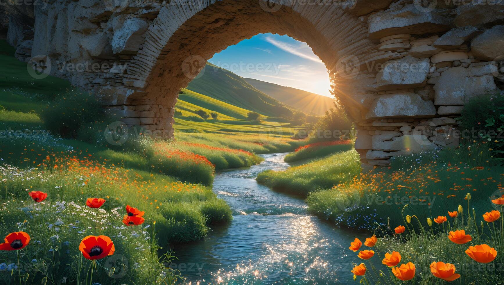 Stone Archway Over Stream in Field of Flowers at Sunrise photo