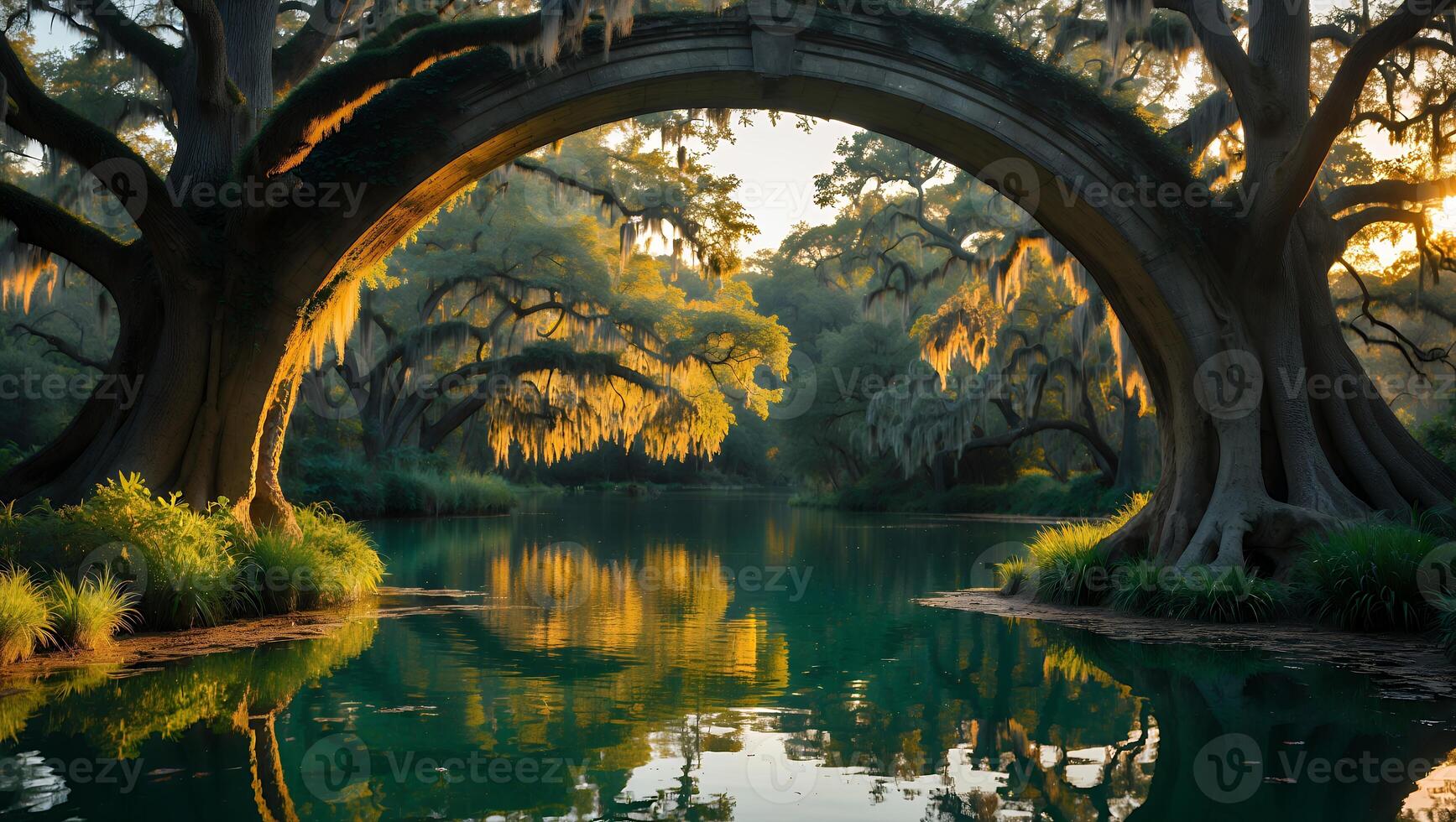 Swamp Landscape with Bridge, Tree and Water Reflection photo