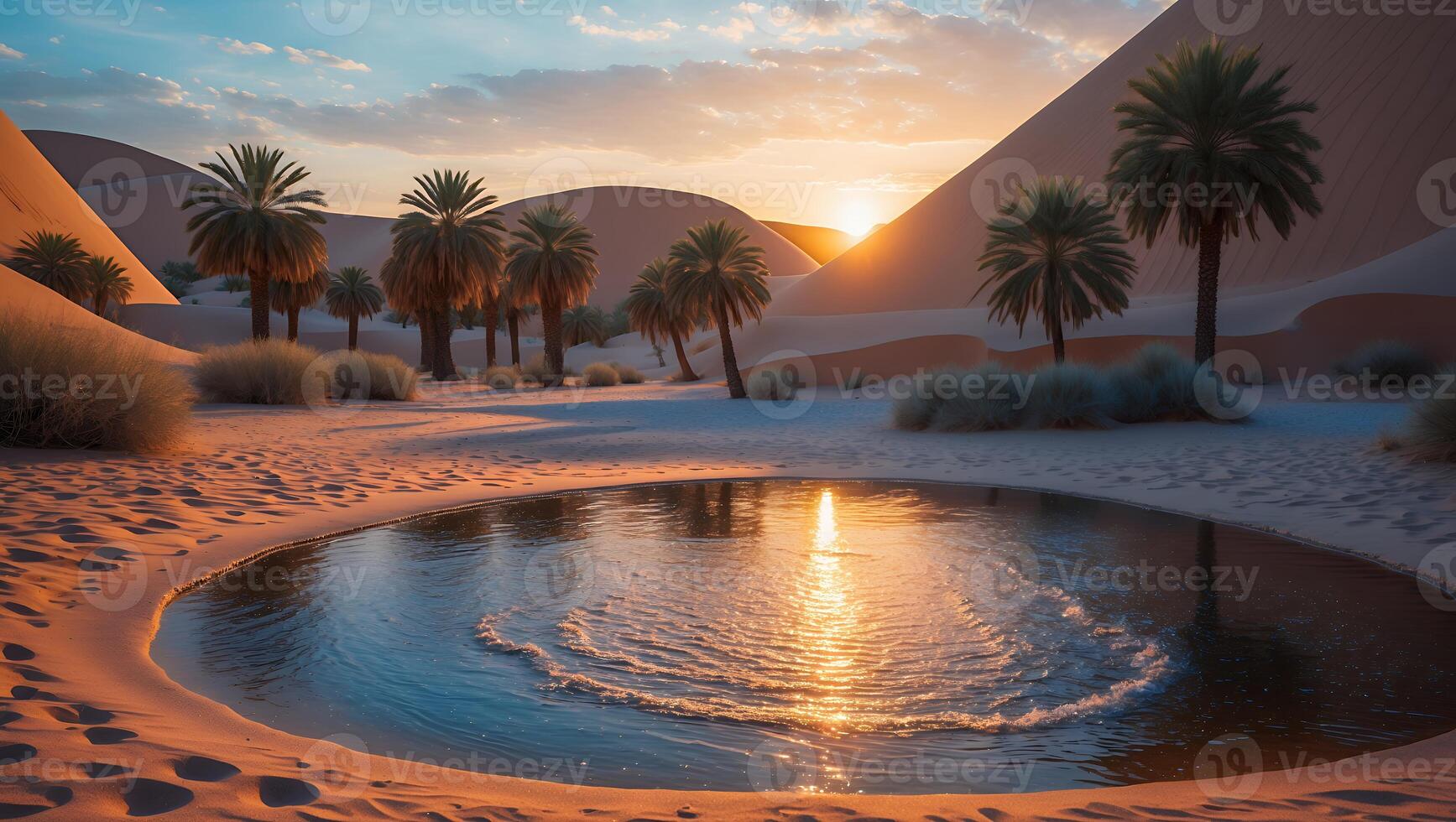 Oasis in Desert with Palm Trees at Sunset photo