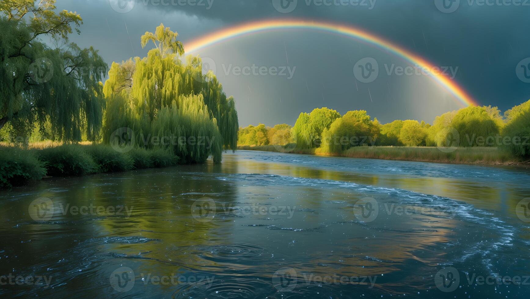 River Landscape with Trees and Rainbow Under Stormy Sky photo