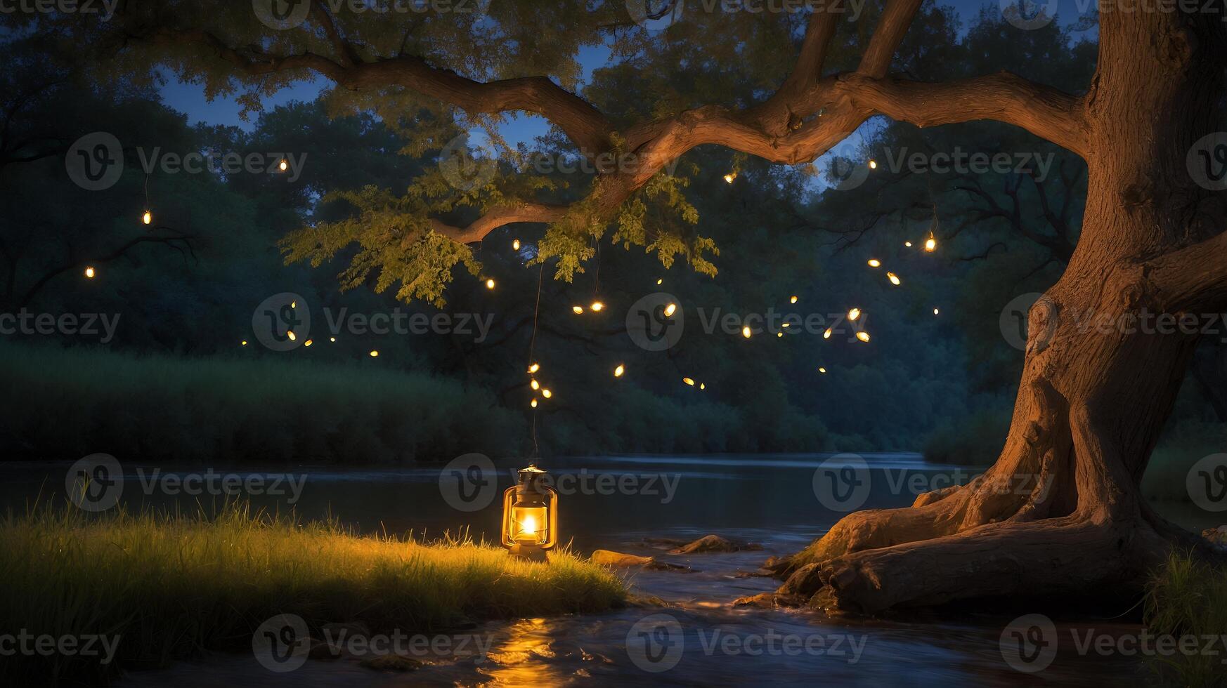 Lantern by River at Night with Hanging Lights photo