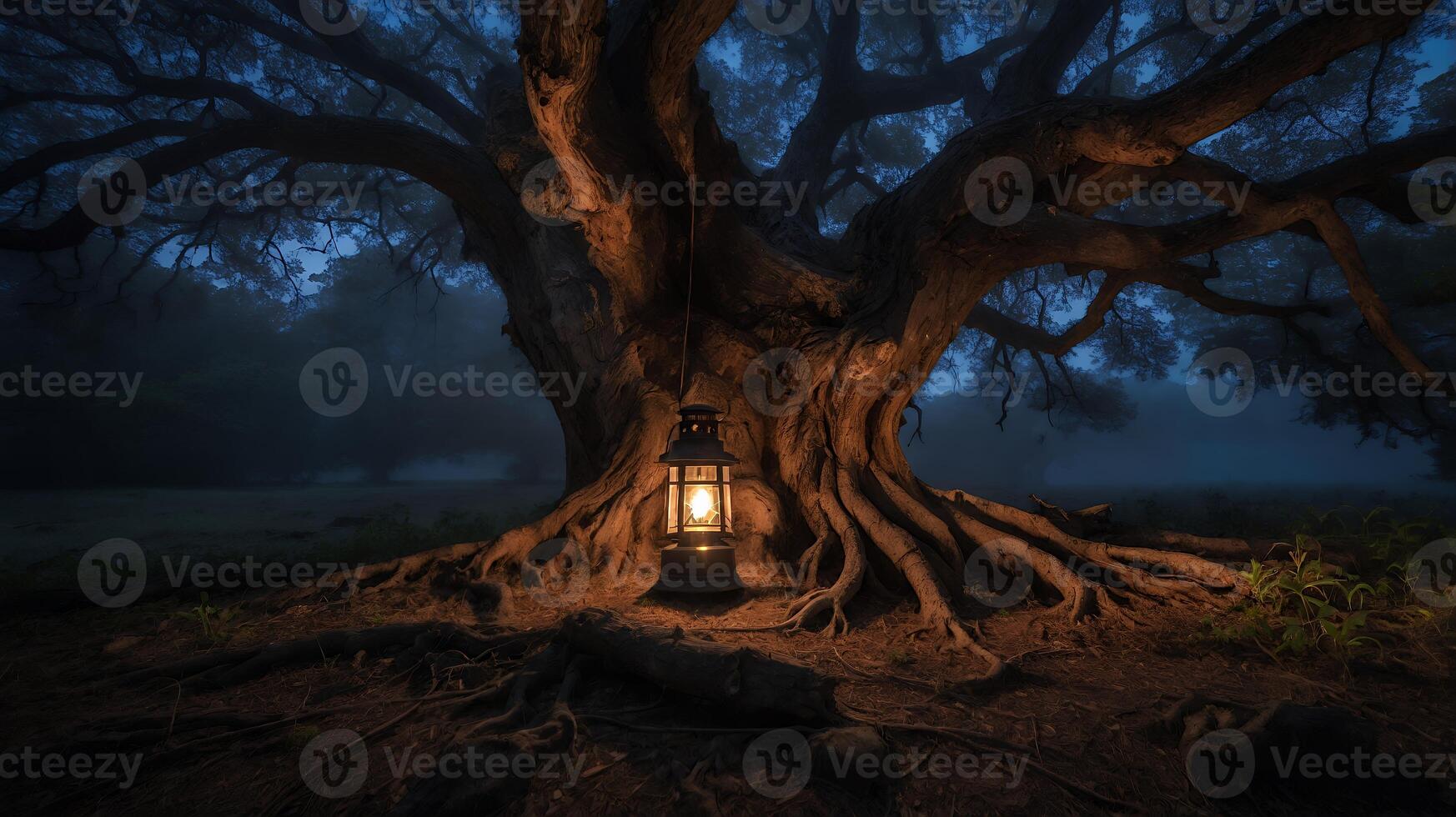 Large Tree with Lantern at Night photo