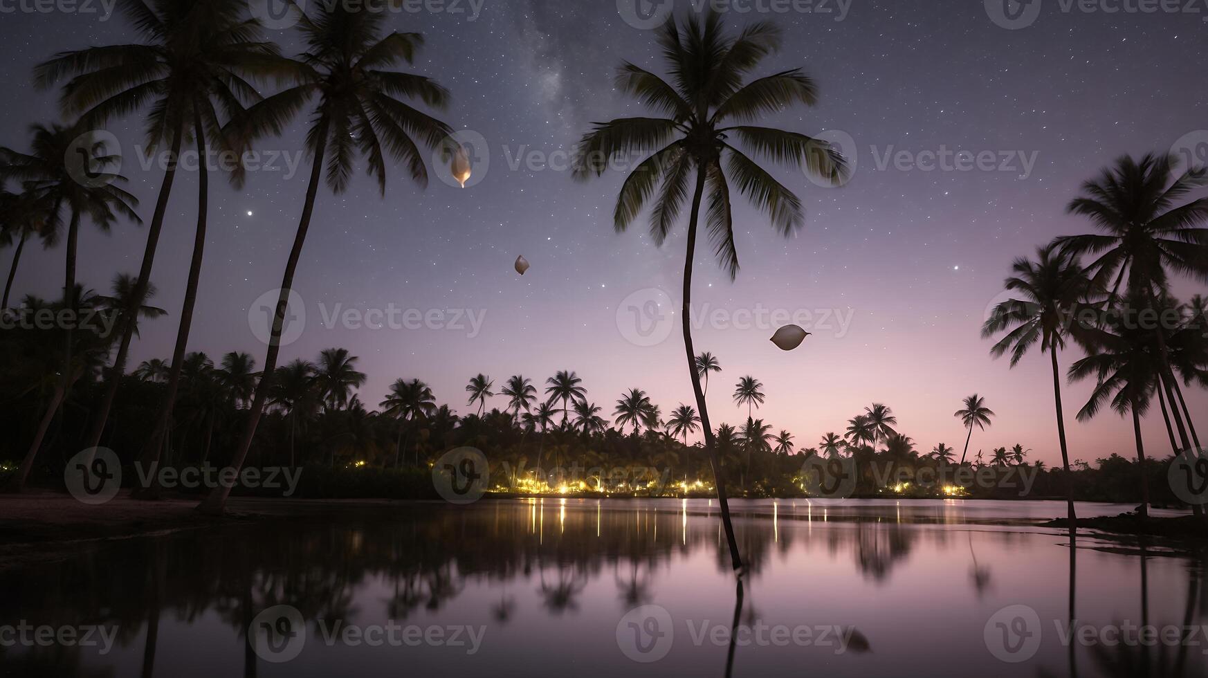 Palm Trees at Night with Stars Reflecting in Water photo