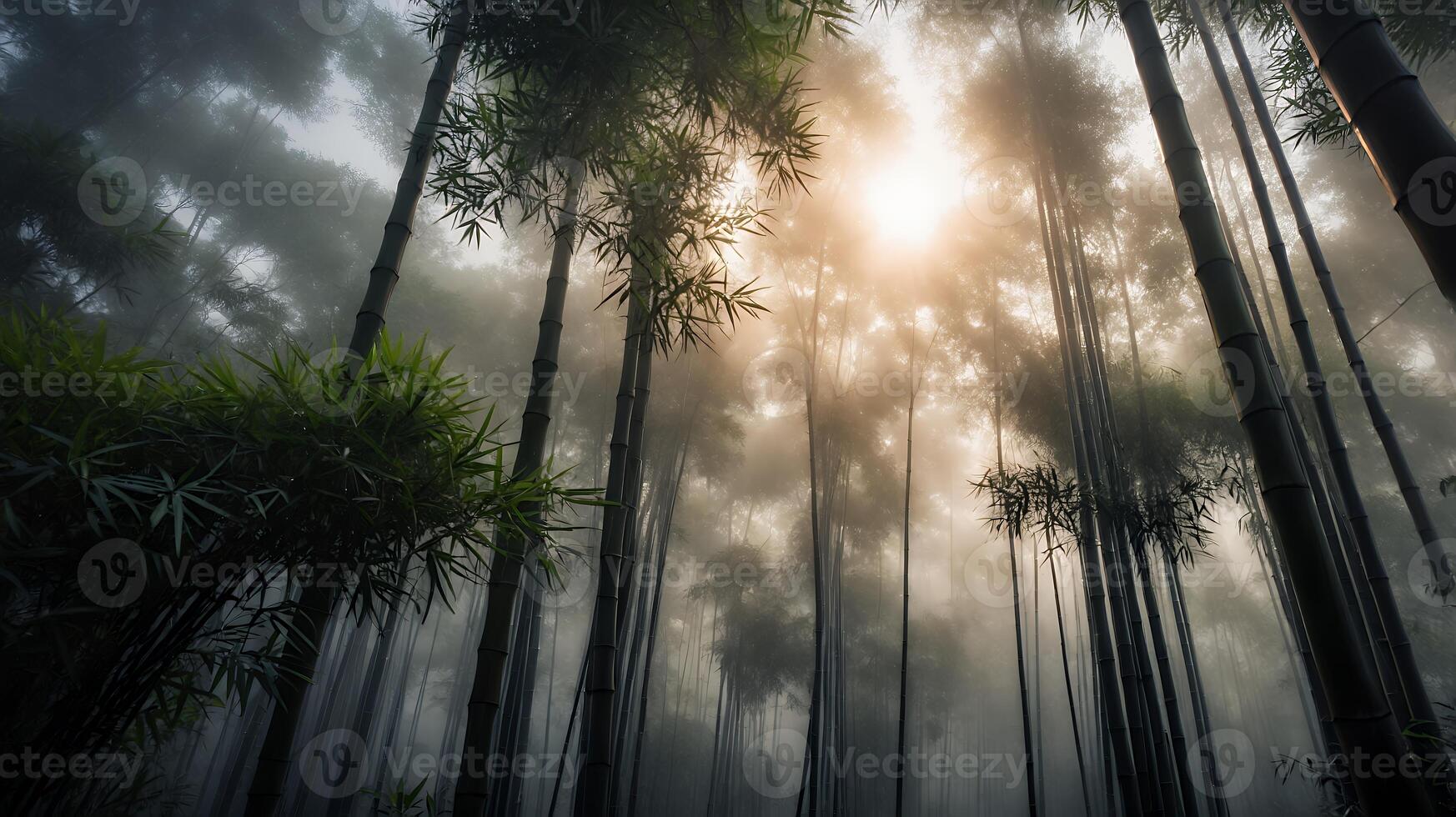 Misty Bamboo Forest with Sunlight Shining Through the Fog photo