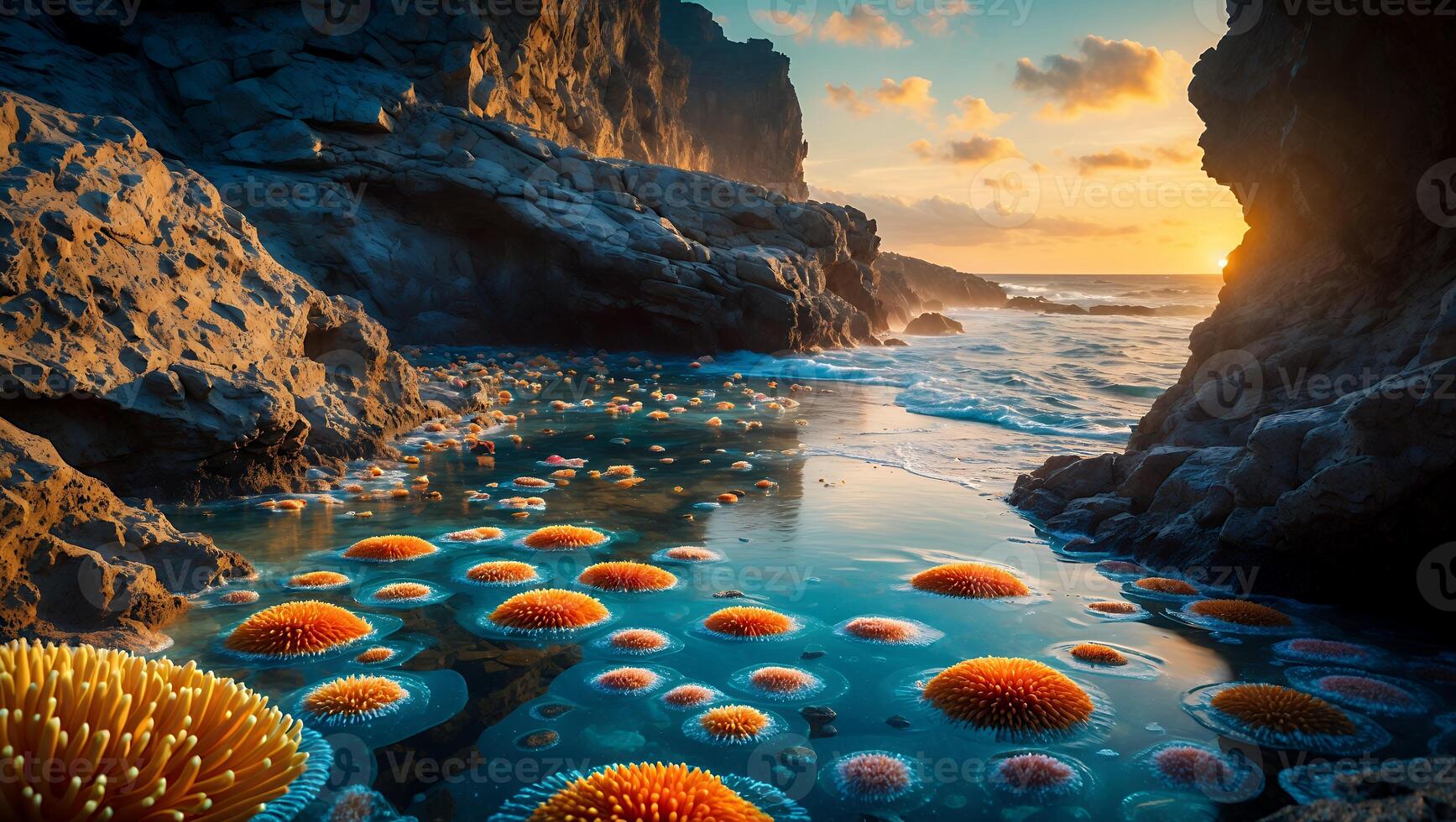 Orange Sea Anemone on Shore at Sunset photo