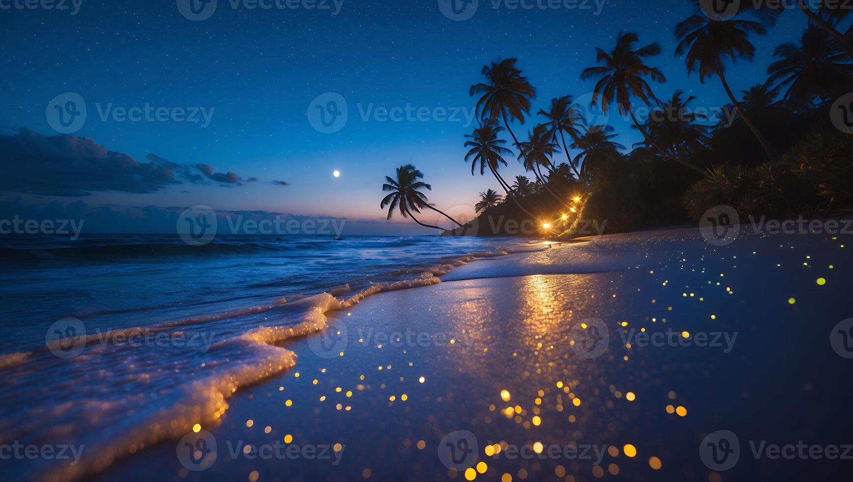 Tropical Beach at Night with Palm Trees and Starry Sky photo