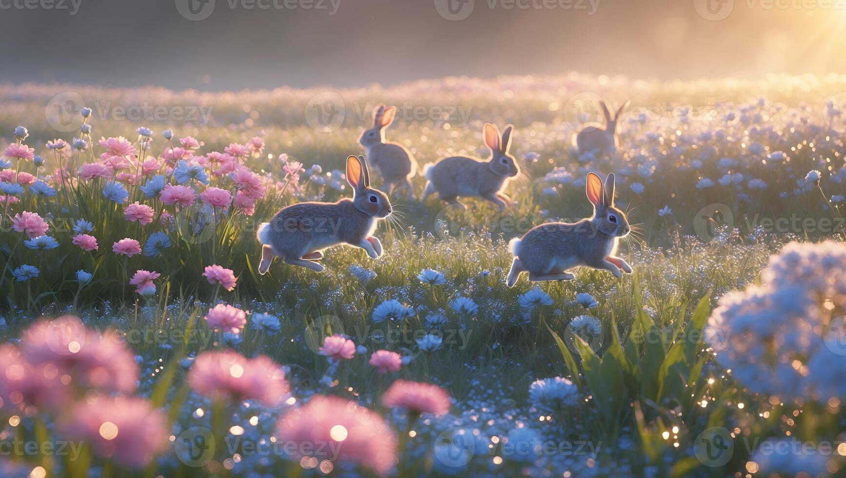 Rabbit Running in Flower Field photo