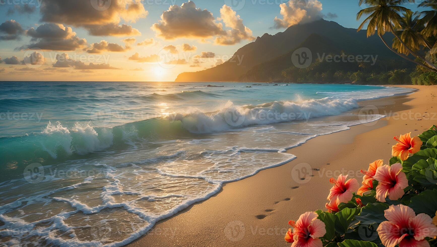 Tropical Beach with Hibiscus and Sunset photo
