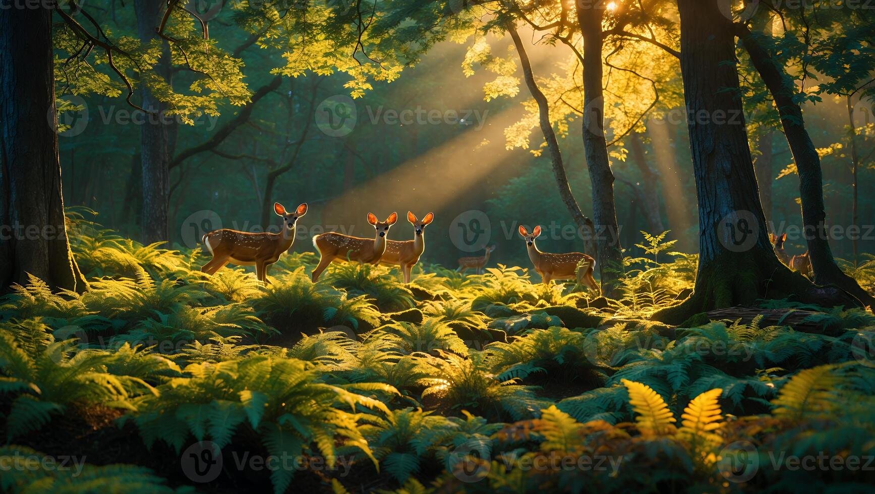 Deer Standing in Sunlight Forest Glade with Ferns photo