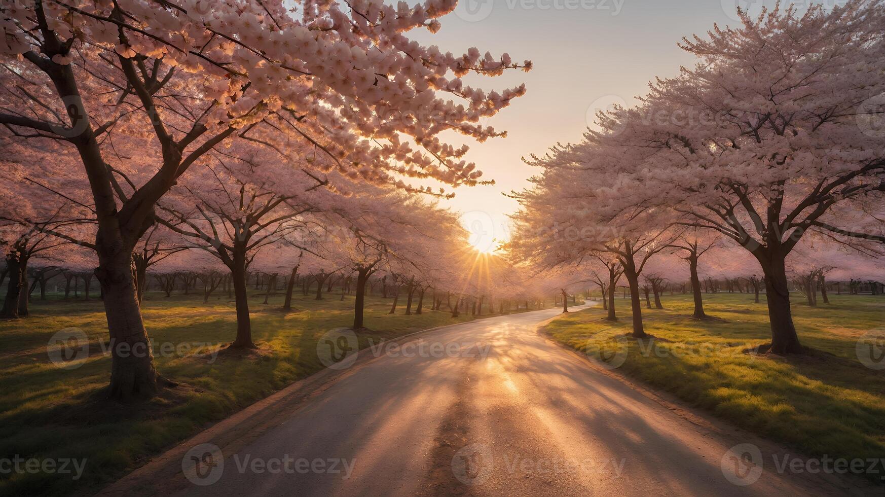 Cherry Blossom Tree Along Road at Sunrise photo